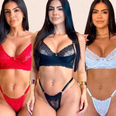 Imagem de Kit 3 Conjuntos Lingerie Sem Bojo Com Aro Calcinha Fio Dental Revenda 