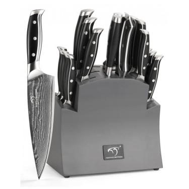 Imagem de Conjunto de Facas com Bloco de Bancada, Afiador Embutido e Cabo Ergonômico, 16 Peças, NANFANG BROTHERS, Preto