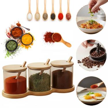Imagem de Kit Porta Tempero 3 Potes Vidro Bambu Colher Suporte 300ml