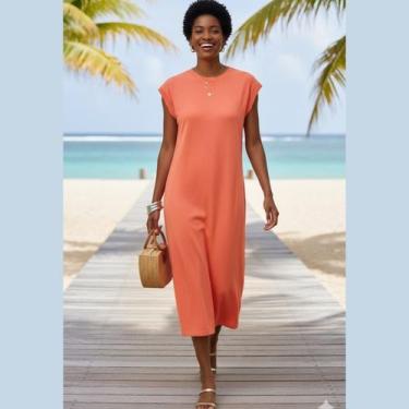 Imagem de Vestido Midi em Viscose com Gola Redonda Canelada Cereja Rosa, G, Lara