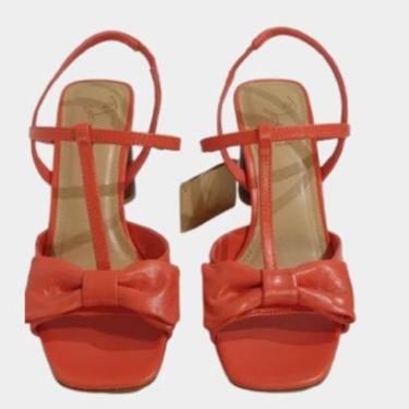 Imagem de Sandália Feminina Solis Brasil Couro Coral Caseinado Salto com Laço 8cm-Feminino