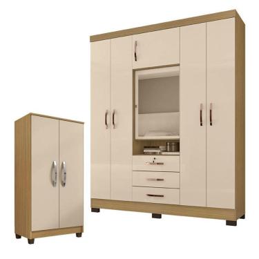 Imagem de Guarda Roupa Casal Imperial com Armário Multiuso Recife Carvalho Americano Off White – Incorplac