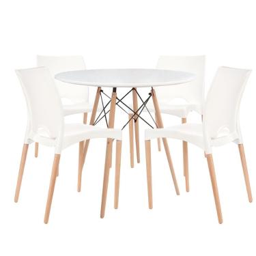 Imagem de Mesa Charles Eames Redonda 90cm Tampo Madeira + 4 Cadeiras Cannes Branca