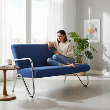 Imagem de Namoradeira Decorativa Bela Suede Azul Marinho Braço Cromado - Mazzero
