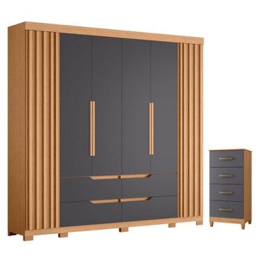 Imagem de Kit Guarda Roupa Doble 6 Portas e Cômoda Mobi 4 Gavetas MDP Freijo Titanium Albatroz Móveis