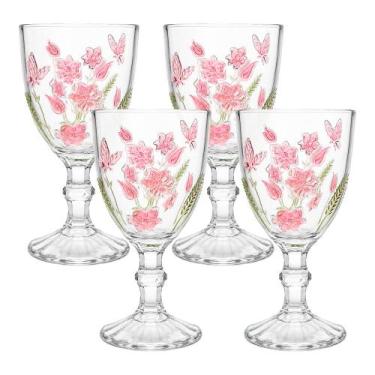 Imagem de Jogo 4 Taça de Vidro Decorada Flores Borboletas Spring para Água e Vin