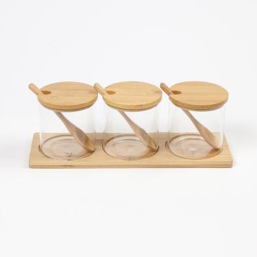 Imagem de Kit Porta Temperos Vidro Borossilicato Base de Bambu Transparente com 3 Potes e Colheres para Cozinha