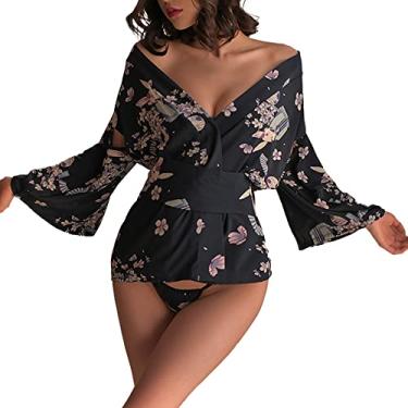 Imagem de Pijama feminino sexy anime japonês quimono sexy cosplay fantasia curta Yukata lingerie, Azul marinho, One_Size