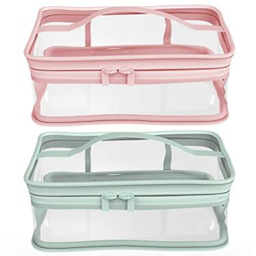 Imagem de Bolsa de maquiagem com zíper à prova d'água bolsa de armazenamento portátil para viagem, 2 peças., Rosa e verde, PVC