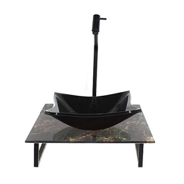 Imagem de KIT CUBA DE VIDRO QUADRADA 10MM COM TAMPO DE VIDRO 40CM X 40CM MÁRMORE IMPERDADOR E SUPORTE PRETO