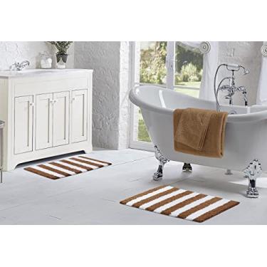 Imagem de Laura Ashley Edens Tapete de banheiro listrado 100% poliéster | Decoração de banheiro premium | Lavável na máquina | Forro de látex, 43 x 61 cm/50 x 81 cm, cinza acinzentado/branco