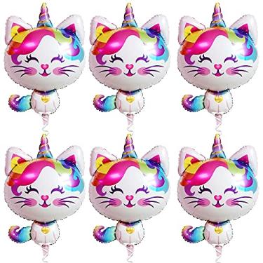 Imagem de Balões Mylar para gatos grandes para festas de aniversário de Caticorn – 83 cm, pacote com 6 | Decorações de aniversário de unicórnio para meninas | Artigos de festa de arco-íris de caticorn para chá de bebê, decorações de festa de gatinho