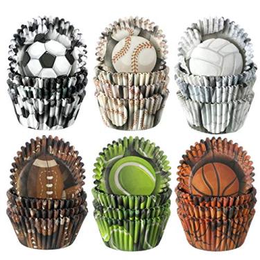 Imagem de 600 peças tema esportivo festa cupcake forros basquete futebol voleibol beisebol rugby tênis formas de assar cupcake formas para muffin caixa bandejas para decoração de festa tema esportivo