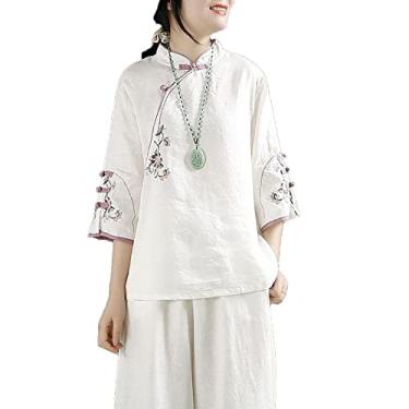 Imagem de Yajun Camisetas bordadas estilo chinês casual solto retrô blusa de algodão top feminino primavera gola botão manga curta, branco, G (busto: 104cm)