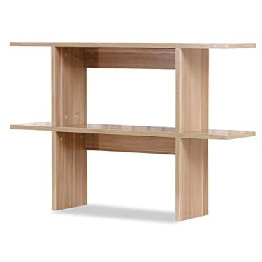 Imagem de Estante de livros de mesa de escritório estante de madeira prateleira de exibição de camada dupla organizador de mesa rack de armazenamento de escritório estante suprimentos de escritório organizador de mesa acessórios estante (cor: natural)