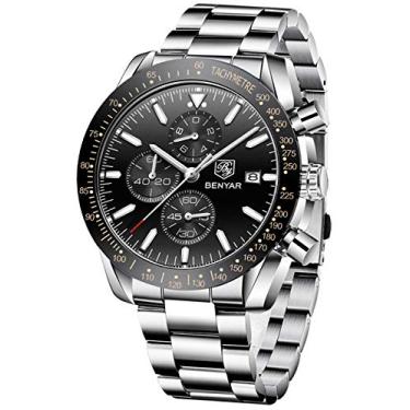 Imagem de BENYAR Relógios masculinos de quartzo, cronógrafo, negócios, marca de luxo, à prova d'água, relógios de pulso modernos pretos de aço inoxidável para homens (aço preto)