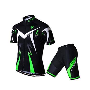 Imagem de Conjunto de camisa de ciclismo masculino X-Tiger, conjunto de manga curta para ciclismo com shorts acolchoados de gel 5D, conjunto de roupas de ciclismo para MTB Road Bike Green Black (G)