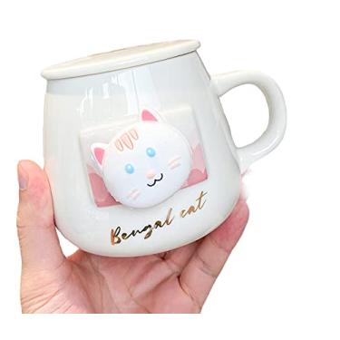 Imagem de Caneca de gato com tampa colher 3D linda xícara de chá de café cerâmica conjunto de caneca presente de aniversário para mulheres amantes de amigos (gato branco 2, 420 ml)