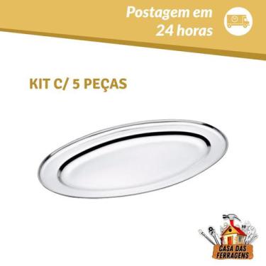 Imagem de Kit 5 Bandeja Travessa 35cm Aço Inox P/ Porção Oval Batata Salada