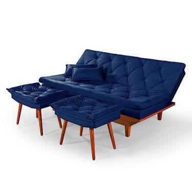 Imagem de Sofá Cama Caribe 3 Lugares Com 2 Banqueta Tecido Suede Cor:Azul-marinho