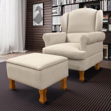 Imagem de Poltrona para Amamentação em Linho com Pés em Madeira e Puff Baú Sabrina Phoenix Baby Bege