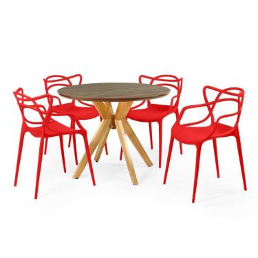 Imagem de Conjunto Mesa de Jantar Redonda Marci Premium Natural 100cm com 4 Cadeiras Allegra - Vermelho