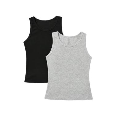 Imagem de Milumia Camiseta regata feminina casual de malha canelada gola redonda 2 peças sem mangas justa, Preto e cinza, 14 Anos