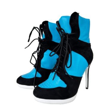 Imagem de Frankie Hsu Botas de cano alto Stiletto Sport Basketball High Heeled Ankle Bootie, Black Suede Classic White Sneaker Bootie, Tamanho Grande Fashion Designer Shoes For Women Men, Azul, 14