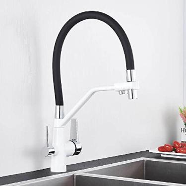Imagem de Torneira de cozinha com filtro de latão preto Água pura 360 Guindaste giratório com alça dupla Purificação de cozinha Torneira misturadora de água potável quente e fria, branco cromado B