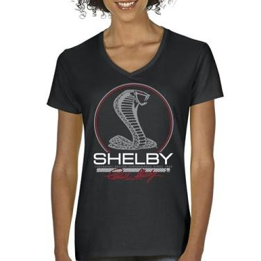 Imagem de Camiseta feminina Shelby Cobra Legendary Racing Performance gola V American Classic Muscle Car GT500 GT Powered by Ford Tee, Preto, M