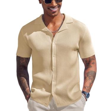 Imagem de COOFANDY Camisa polo masculina de malha com botão e manga curta, gola redonda, camisas casuais de praia, tops cubanos, Creme, XXG