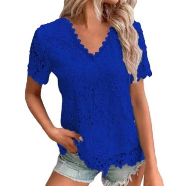 Imagem de Blusas femininas de malha de renda para treino plus size manga curta Y2K blusas de algodão camisetas boho túnica de festa, Azul, GG