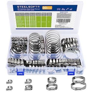 Imagem de STEELSOFT Kit sortido de braçadeira de mangueira de engrenagem sem-fim para serviço pesado 5/16 a 2-3/8" (8-60 mm) Rack grande 90 peças, todos 5/16" HEX, braçadeiras de mangueira ajustáveis de aço inoxidável, radiador automotivo/linha de combustível/aquecedor/jardim/piscina