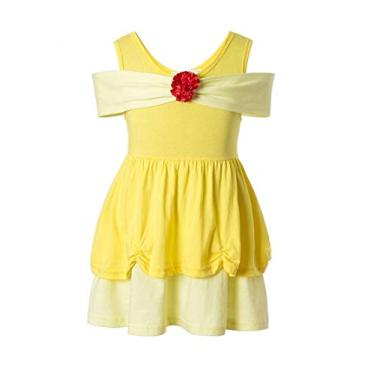 Imagem de Waruila Fantasia de Princesa Bela para Meninas Fantasia de Princesa Bela Amarela Festa Vestido de Fora Fantasia de Bela e a Fera (Amarelo, 3-4T)