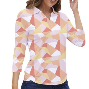 Imagem de Camisa polo feminina manga 3/4 golfe secagem rápida camisetas FPS 50+ atléticas casuais de trabalho tops para mulheres, Manga 3/4 - Xadrez rosa, P
