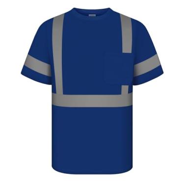 Imagem de TCCFCCT Camisetas masculinas Hi Vis Classe 3 de alta visibilidade com bolso, camisas de trabalho de construção de manga curta com tiras refletivas, camisas refletivas duráveis, respiráveis, DC - azul