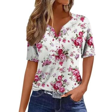Imagem de Camiseta feminina verão estampa floral Henley blusa manga curta ajuste solto túnica moda casual camiseta, Bege, GG
