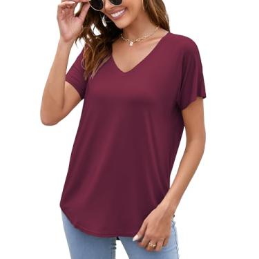 Imagem de Herou Camisetas femininas básicas de manga curta e gola V, caimento solto, camisetas macias para mulheres, Roxo, vermelho, M