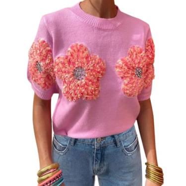Imagem de Suéter feminino tricotado de flores elegante gola redonda verão puff manga curta suéter pulôver tops, rosa, M