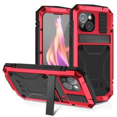Imagem de ANROD Capa para iPhone 15, à prova d'água, à prova de choque, capa rígida de alumínio, metal, gorila, vidro, militar, resistente, capa protetora para iPhone 15, com suporte (vermelho)