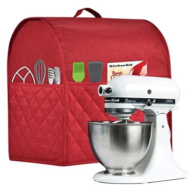 Imagem de Capa à prova de poeira para batedeira KitchenAid, vários bolsos para vários acessórios de utensílios de cozinha, resistente à água, fácil limpeza (vermelho, adequado para cabeça inclinada de 4,5 a 5 litros)