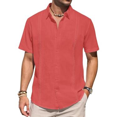 Imagem de Camisas masculinas de linho manga curta com botões casual leve camisa lisa elegante cubana Guayabera Beach Tops, Coral, GG