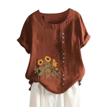 Imagem de Camiseta feminina de algodão e linho, caimento solto, casual, estampa floral, girassol, manga curta, abotoada, colete feminino, Marrom, 3G