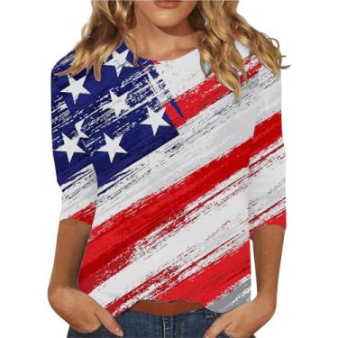 Imagem de Camiseta feminina de verão do Dia da Independência com estampa da bandeira dos EUA, manga 3/4, camiseta de 4 de julho, roupas folgadas, Preto, XXG