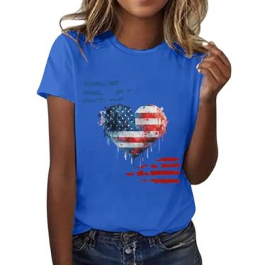 Imagem de Camisetas Patrióticas Femininas Manga Curta Bandeira Americana Estrelas Listras Camisetas Estampa Coração Gola Redonda Memorial Day Verão, Azul, XXG