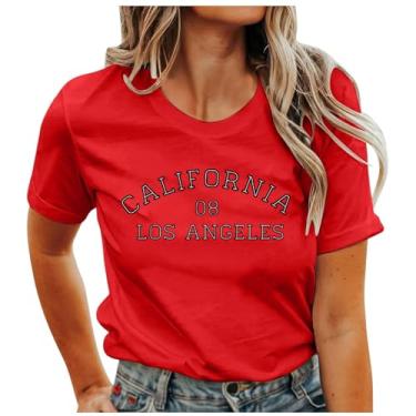 Imagem de Camiseta feminina de manga curta, caimento solto, gola redonda, estampa de letras, casual, confortável, túnica, camisa de verão, Vermelho, XXG