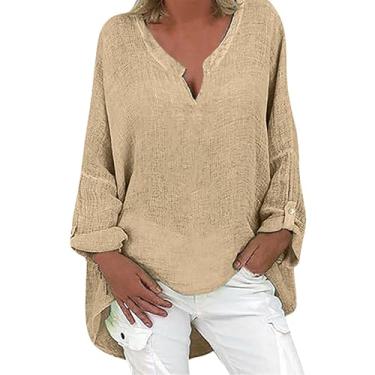 Imagem de Camisas femininas de linho de algodão 2024 Henley gola longa blusas elegantes modernas blusas de verão soltas confortáveis túnica tops, Caqui, GG