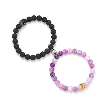 Imagem de POSHFEEL Pulseira de casal de pedras naturais CZ micro pavê coroa king queen de 8 mm, 19 cm, 7 5 inch, Pedra, Ágata