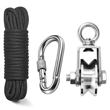 Imagem de TooTaci Bloco de polia de guindaste de aço inoxidável de 48 mm e sistema de polia de equipamento, rolamento resistente dentro de polias giratórias tipo V para corda, com corda de nylon de 1/10.2 cm e