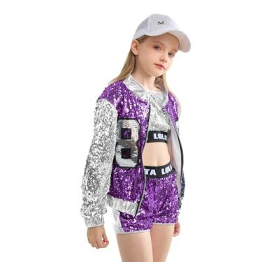 Imagem de LOLANTA Fantasia de jazz para meninas brilhantes fantasias de dança infantil com lantejoulas cropped jaqueta shorts roupas para meninas adolescentes (roxo, 12-14)